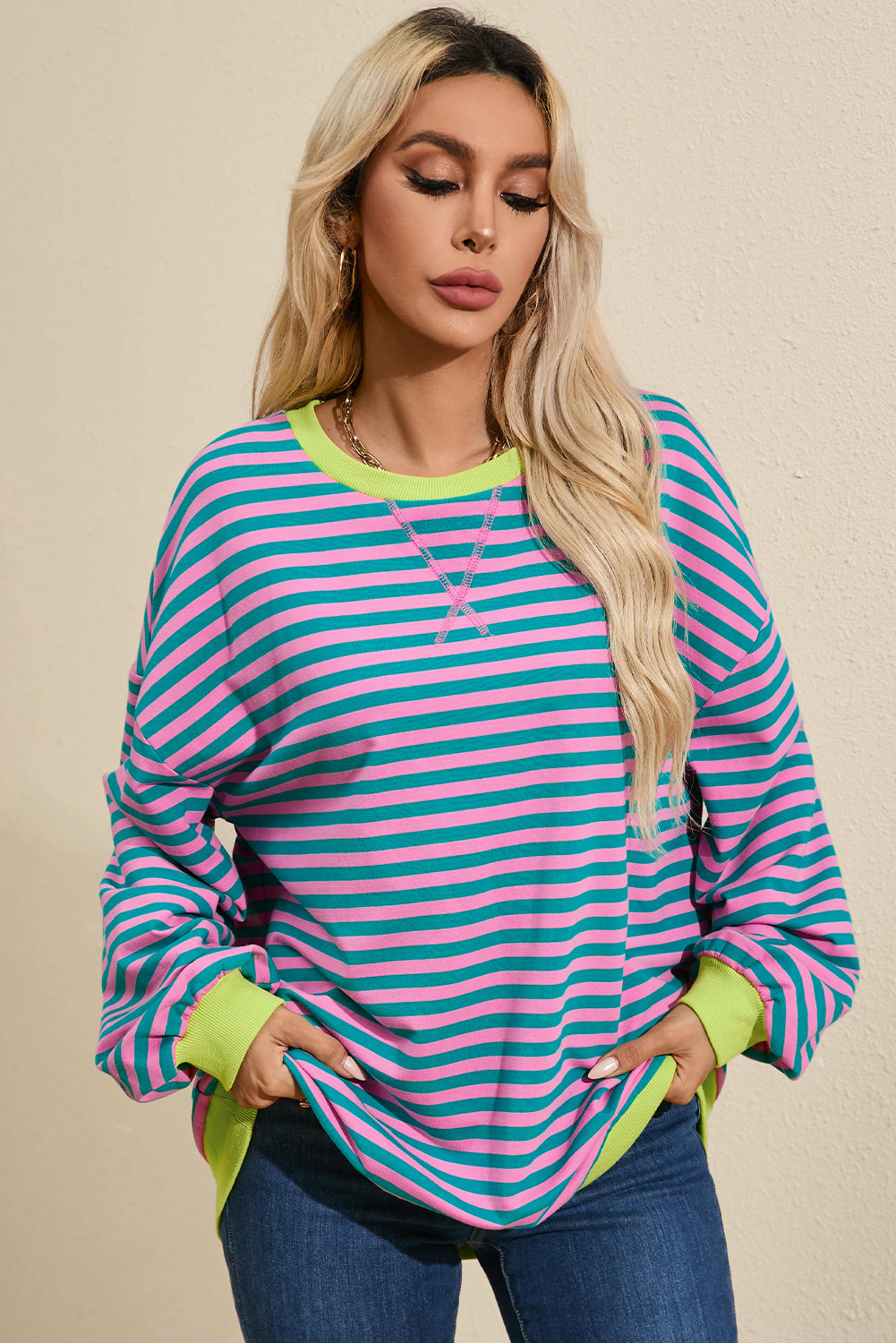 Sky Blue Stripe Contrast Edge Oversized Pullover