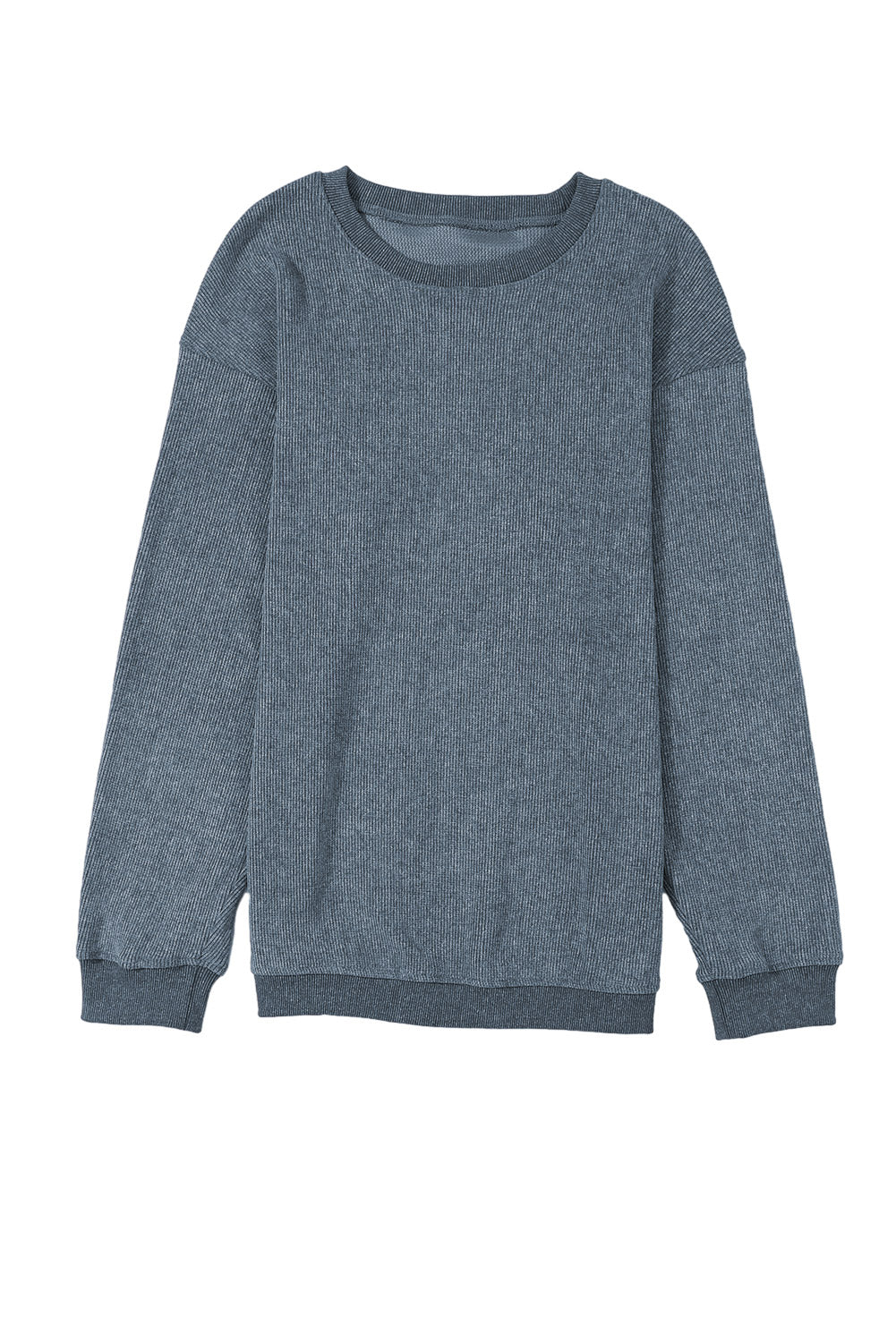 Plain Gray Solid Ribbed Knit Round Neck Pullover Sweatshirt