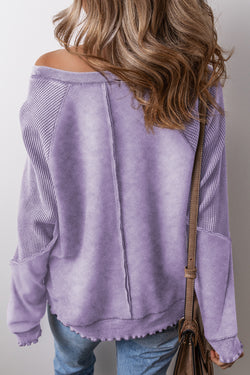Light French Beige Patchwork Raglan Sleeve Exposed Seam Sweatshirt