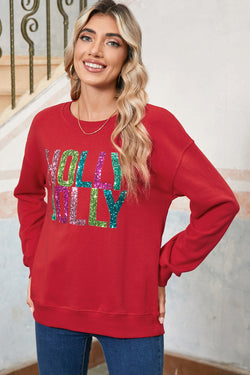 Red HOLLY JOLLY Heat Transfer Printing Graphic  Christmas Pullover Sweatshirt