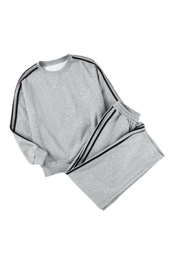 Light Grey Solid Color Side Striped Sweatshirt Pants Set