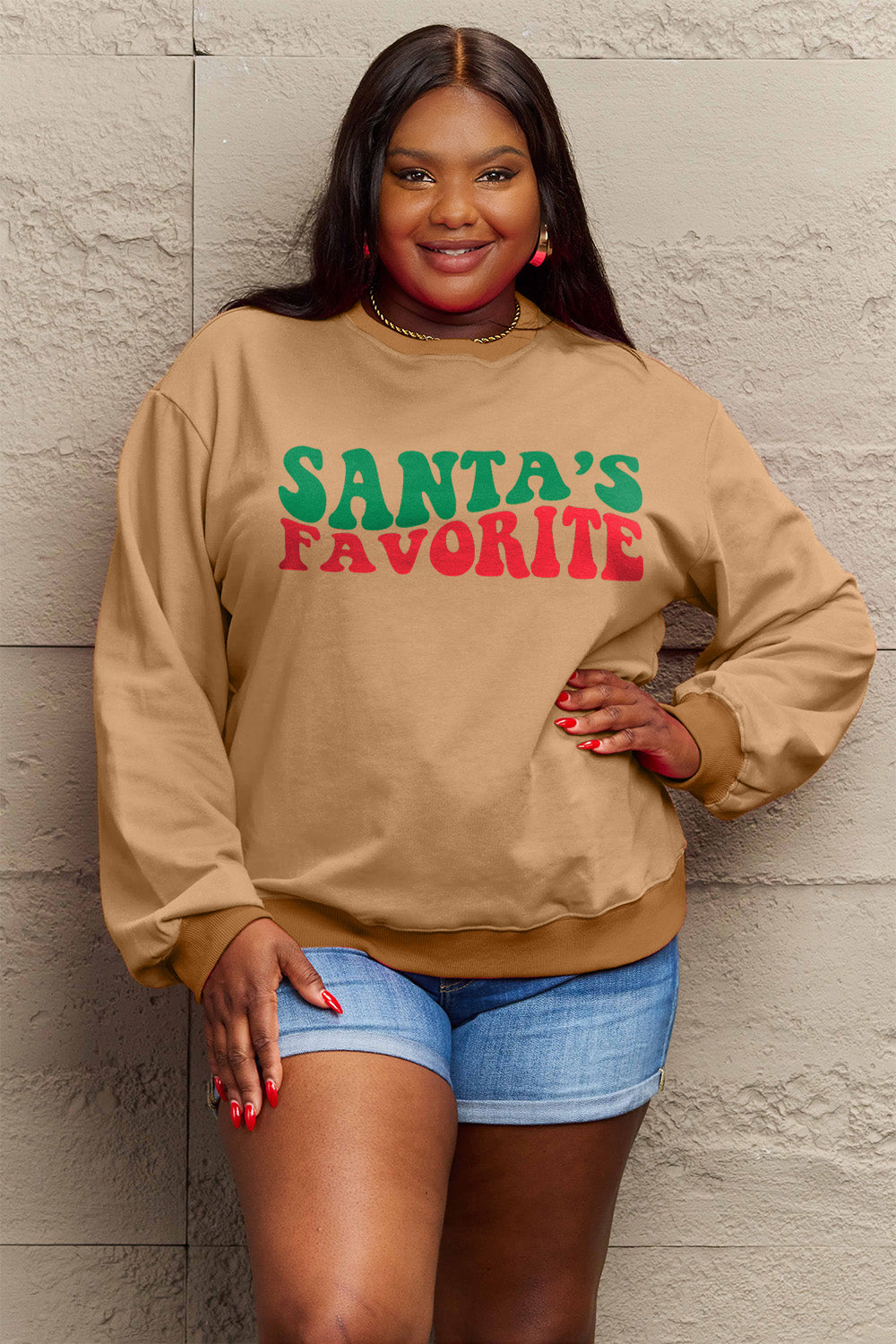 Simply Love Full Size SANTA'S FAVORITE Round Neck Sweatshirt