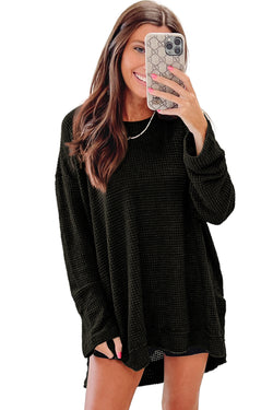 Gray Waffle Knit Drop Sleeve Side Slits Oversized Top