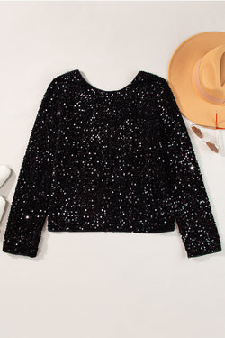 Chicory Coffee Sequin Twist Backless Long Sleeve Top