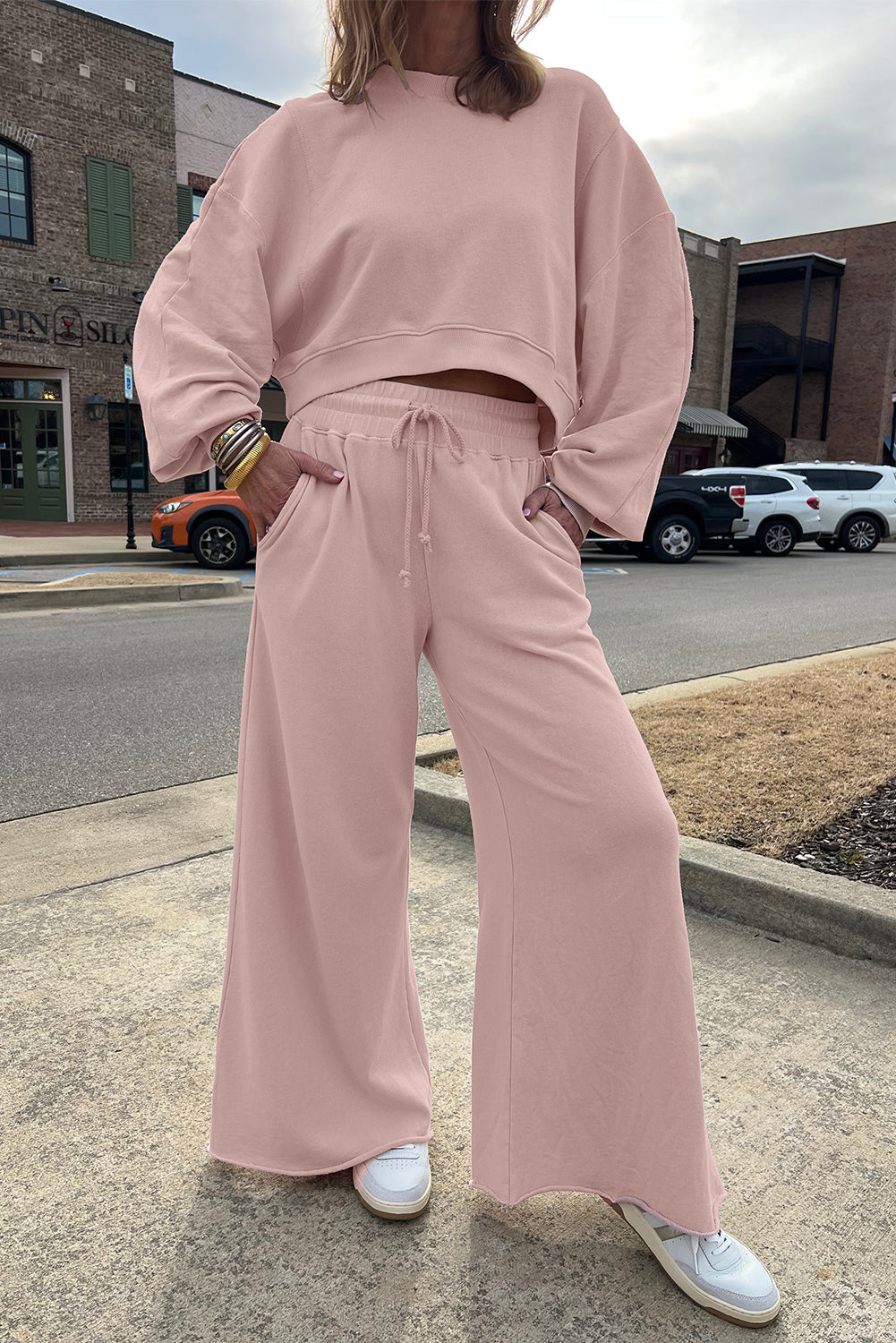 Yellow Cream Drop Shoulder Crop Pullover Drawstring Wide Leg Pants Set