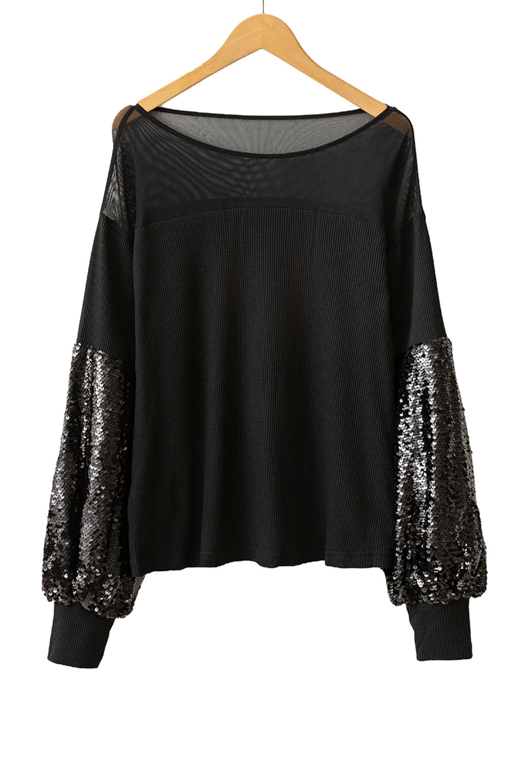 Black Sequin Lantern Sleeve Blouse