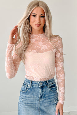 Black Mock Neck Floral Lace Mesh Long Sleeve Top