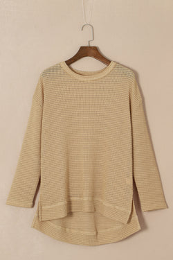 Gray Waffle Knit Drop Sleeve Side Slits Oversized Top