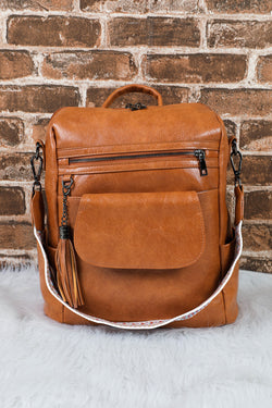 Brown Tassel Decor Retro PU Large Capacity Backpack