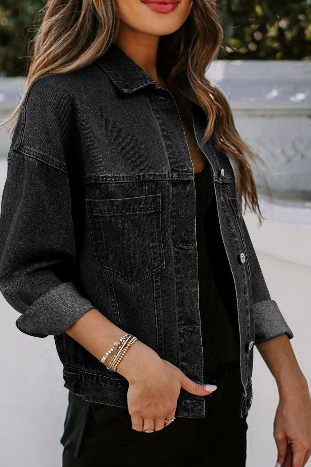 Black Washed Oversized Pocketed Denim Jacket