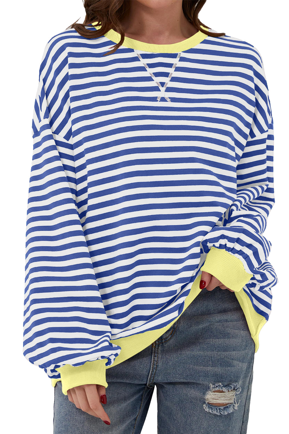 Sky Blue Stripe Contrast Edge Oversized Pullover