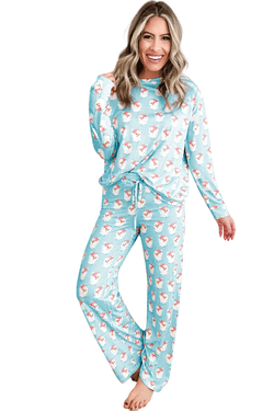 Sky Blue Santa Claus Striped Print Loose Fit Two Piece Loungewear Set