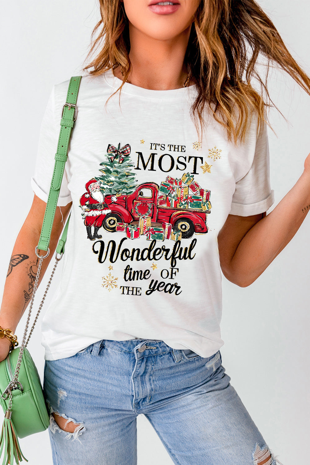 White Christmas Pattern Slogan Print Crew Neck T Shirt