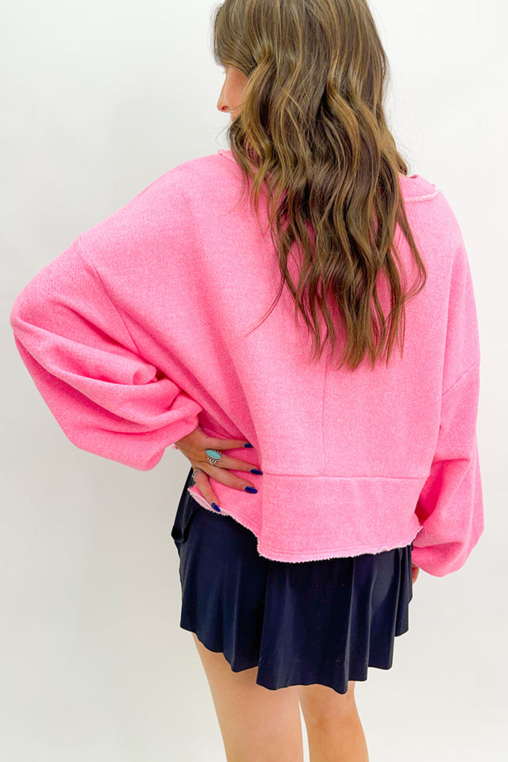 Sachet Pink Plain Drop Sleeve Henley Sweatshirt