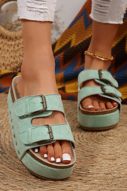 Black Suede Buckle Corky Platform Slides Shoes
