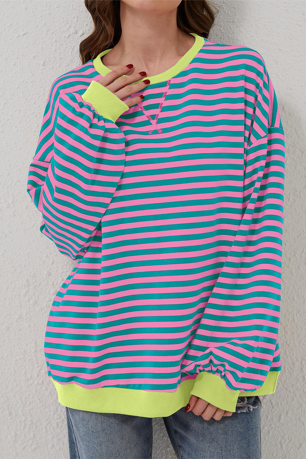Sky Blue Stripe Contrast Edge Oversized Pullover