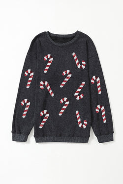 Gray Xmas Candy Cane Sequins Graphic Corded Sweatshirt