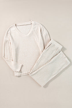 Light Pink Slouchy Ribbed Knit V Neck Top & Pants Loungewear Set