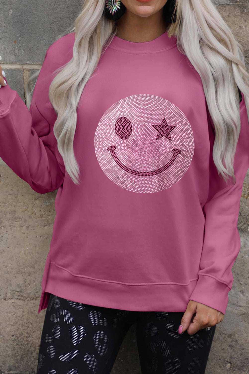 Valerian Rhinestone Smile Face Pattern High Low Hem Sweatshirt