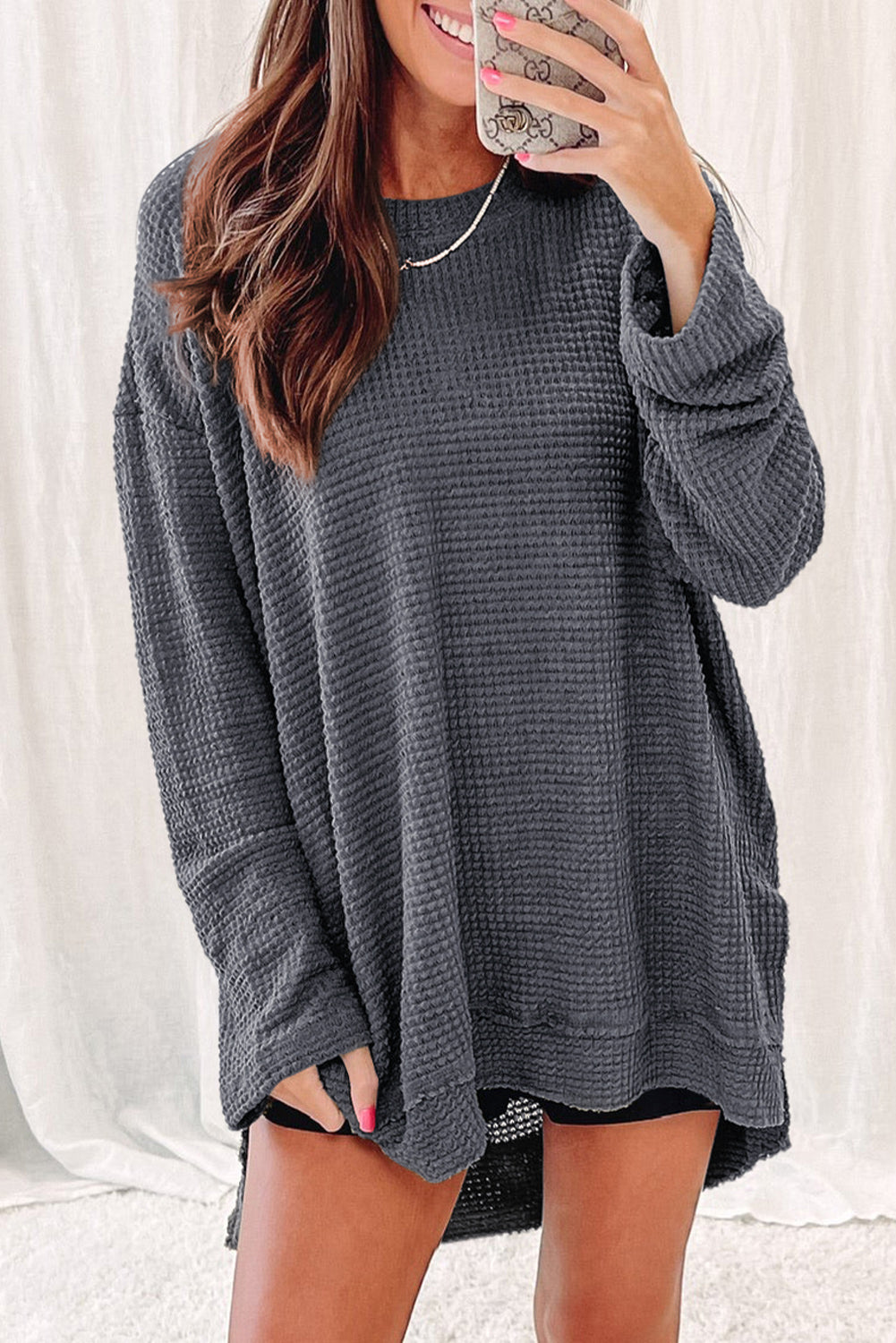 Gray Waffle Knit Drop Sleeve Side Slits Oversized Top