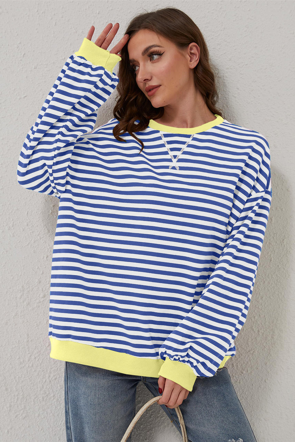 Sky Blue Stripe Contrast Edge Oversized Pullover