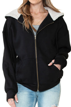 Black Sherpa Hooded Athleisure Zip Up Sweatshirt