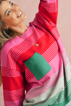 Rose Striped Patch Pocket Drop Shoulder Knit Sweater