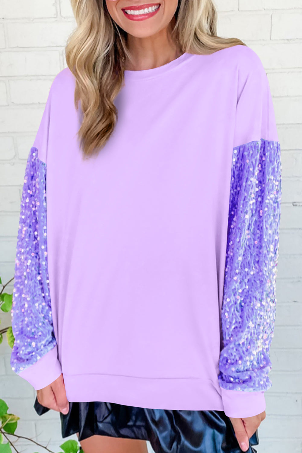 Orchid Petal Sequin Patchwork Long Sleeve Pullover Top