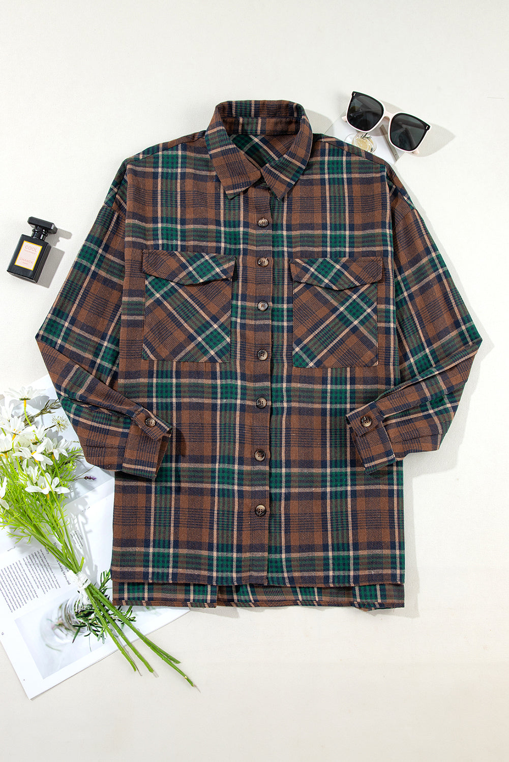 Brown Plaid Print Chest Pockets Buttoned Shacket