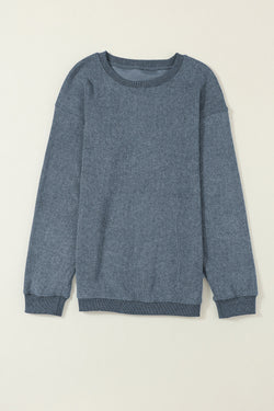 Plain Gray Solid Ribbed Knit Round Neck Pullover Sweatshirt