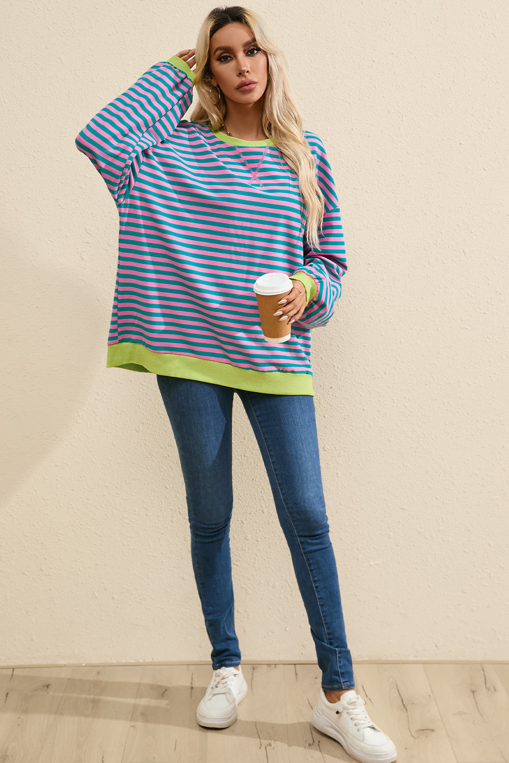 Sky Blue Stripe Contrast Edge Oversized Pullover