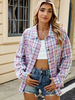 Plaid Collared Neck Long Sleeve Shirt