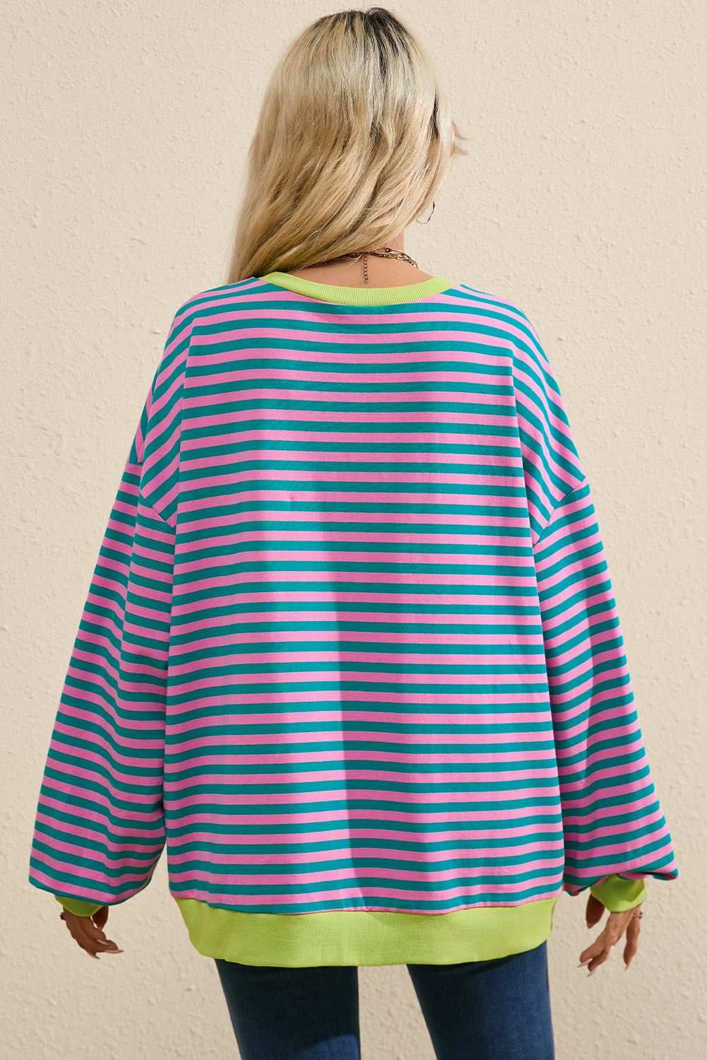 Sky Blue Stripe Contrast Edge Oversized Pullover