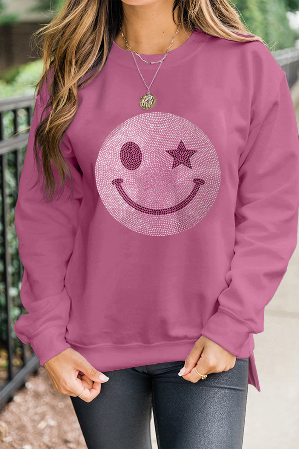 Valerian Rhinestone Smile Face Pattern High Low Hem Sweatshirt