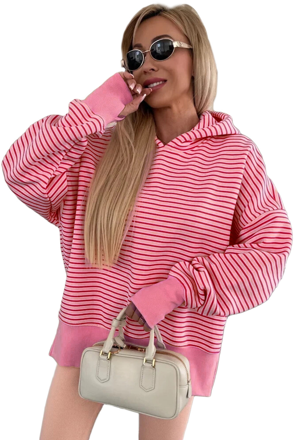 Rose Stripe Thumbhole Side Slits Drop Shoulder Loose Fit Hoodie