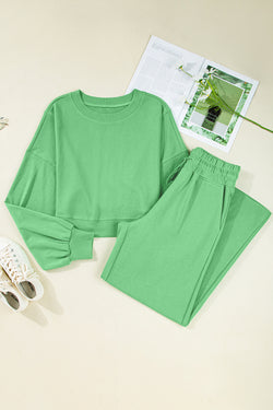Yellow Cream Drop Shoulder Crop Pullover Drawstring Wide Leg Pants Set