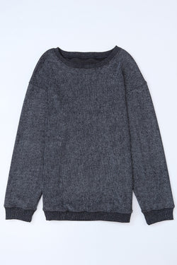 Plain Gray Solid Ribbed Knit Round Neck Pullover Sweatshirt