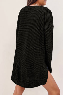 Gray Waffle Knit Drop Sleeve Side Slits Oversized Top