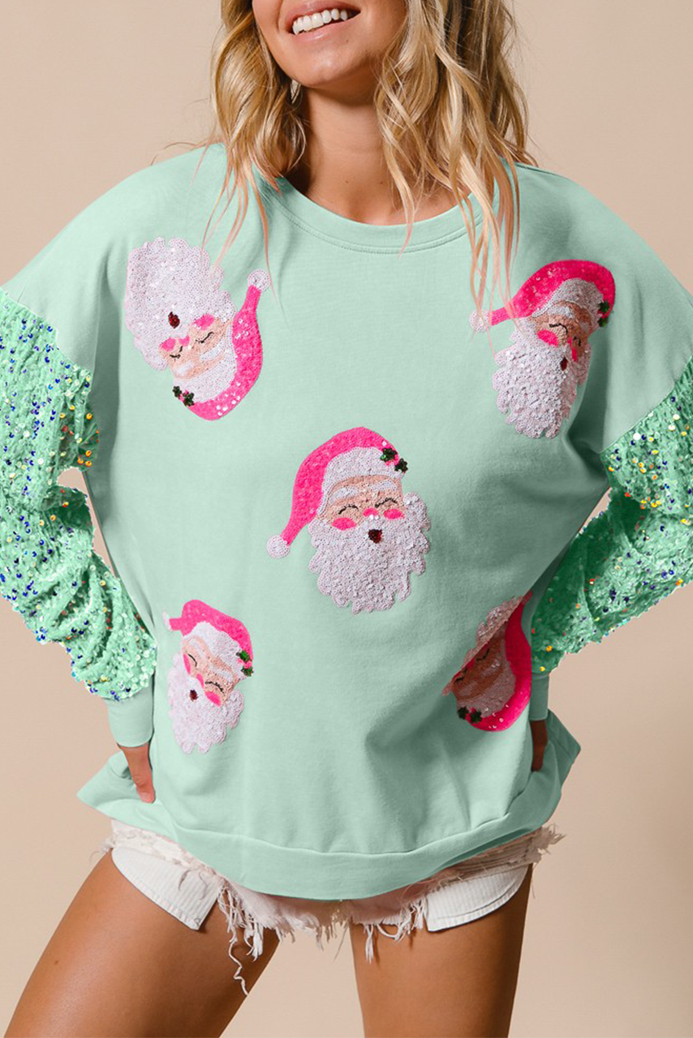 Pink Sequined Santa Claus Long Sleeve Christmas Sweatshirt