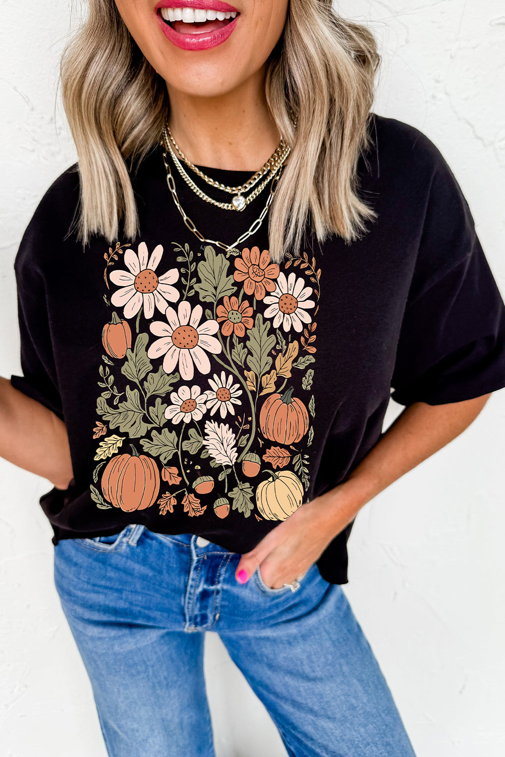 Black Wild Flower Pumpkin Print T Shirt
