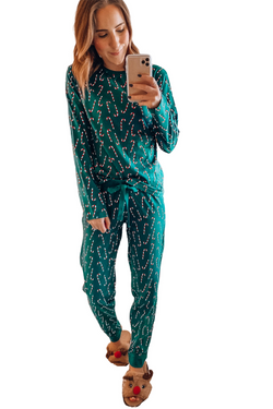 Green Christmas Candy Cane Printed Top and Pants Loungewear Set