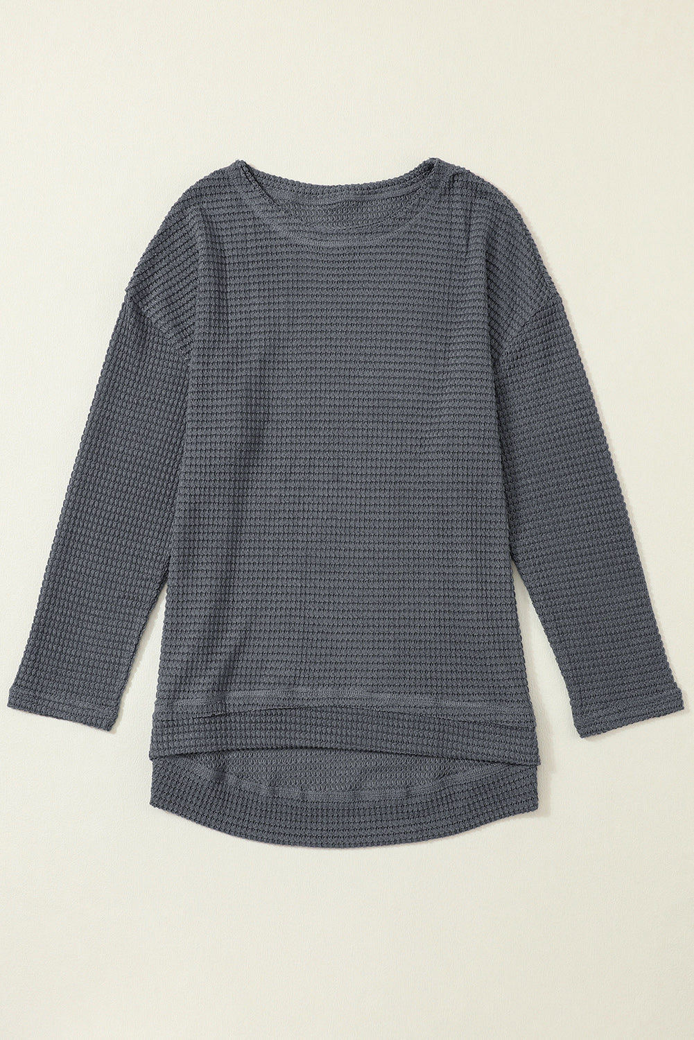 Gray Waffle Knit Drop Sleeve Side Slits Oversized Top