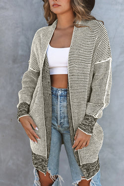 Grey Plaid Contrast Trim Casual Knit Cardigan