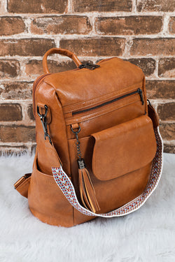 Brown Tassel Decor Retro PU Large Capacity Backpack