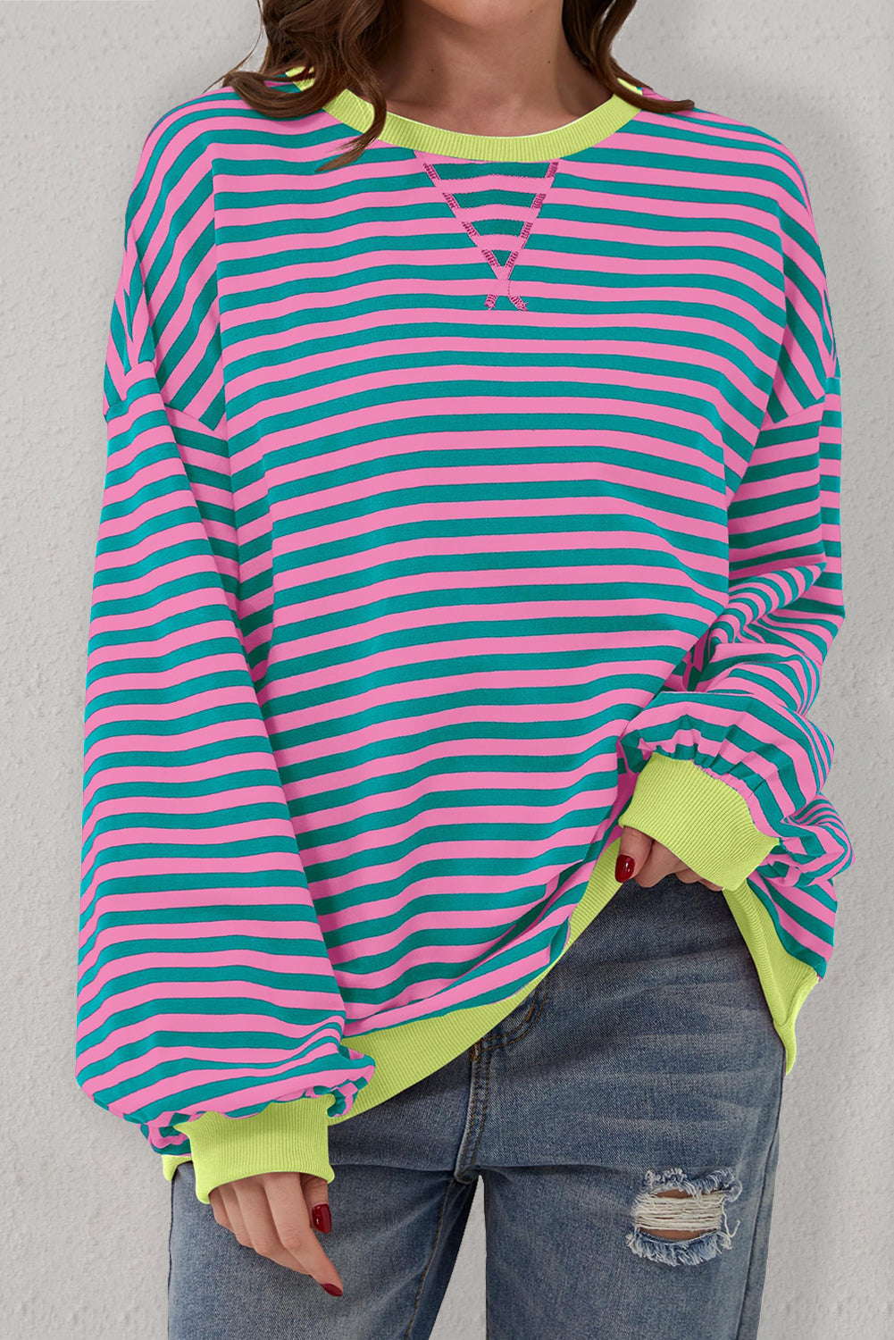 Sky Blue Stripe Contrast Edge Oversized Pullover