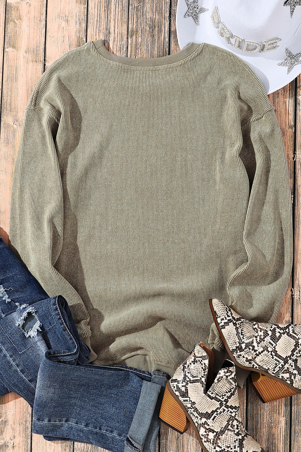 Plain Gray Solid Ribbed Knit Round Neck Pullover Sweatshirt