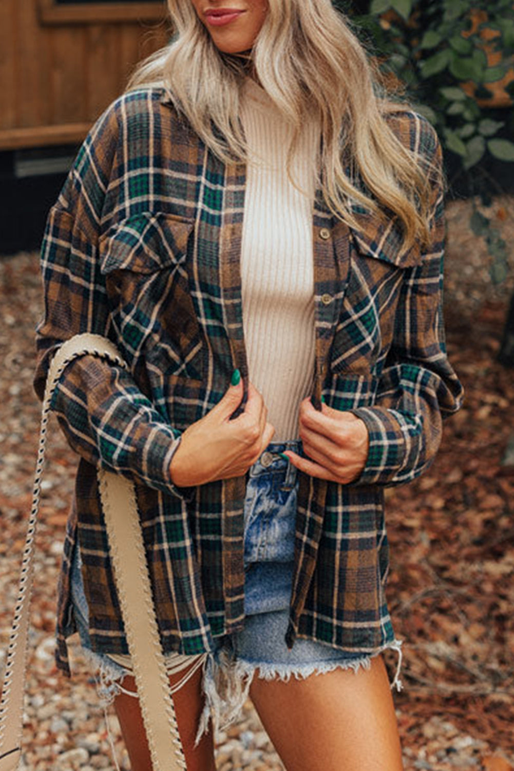 Brown Plaid Print Chest Pockets Buttoned Shacket