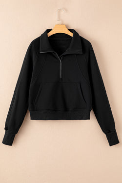 Black Zip Up Stand Collar Ribbed Thumbhole Sleeve Sweatshirt