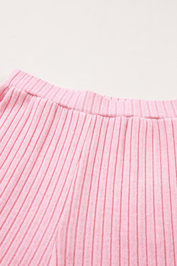 Light Pink Slouchy Ribbed Knit V Neck Top & Pants Loungewear Set