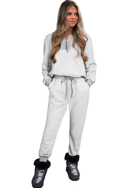 Light Grey Solid Zip Pullover Top and Drawstring Joggers Set